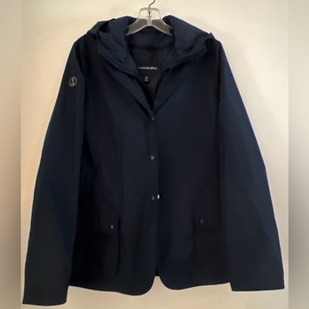 Lands End Rain Jacket Womens Size Medium Blue Lightweight Hooded Coat